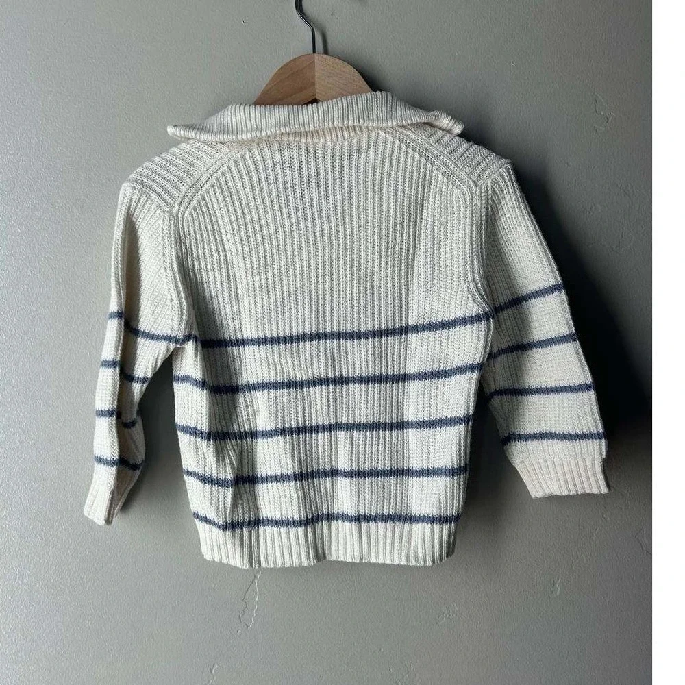 Zara Stripe Quarter Zip Knit Sweater Coastal Nautical Cream Navy Blue 59% Cotton